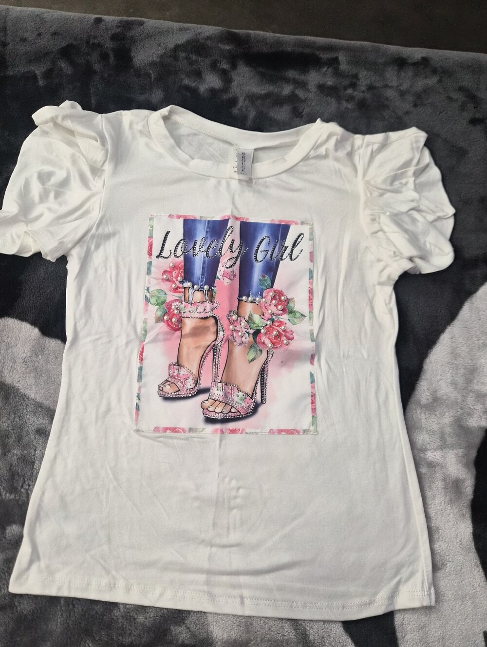 White Graphic Tee with Pink Floral Heels